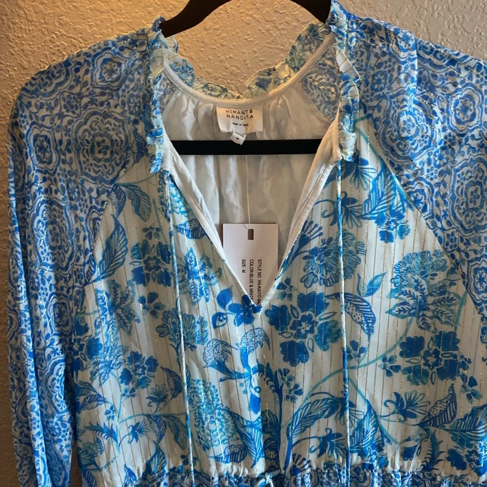 HEMANT & NANDITA Blue and White Ruffled Tiered Dress/NWT - Picture 4 of 12